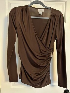 Carmen Marc Valvo Chocolate Brown Long-Sleeve Draped Wrap Top